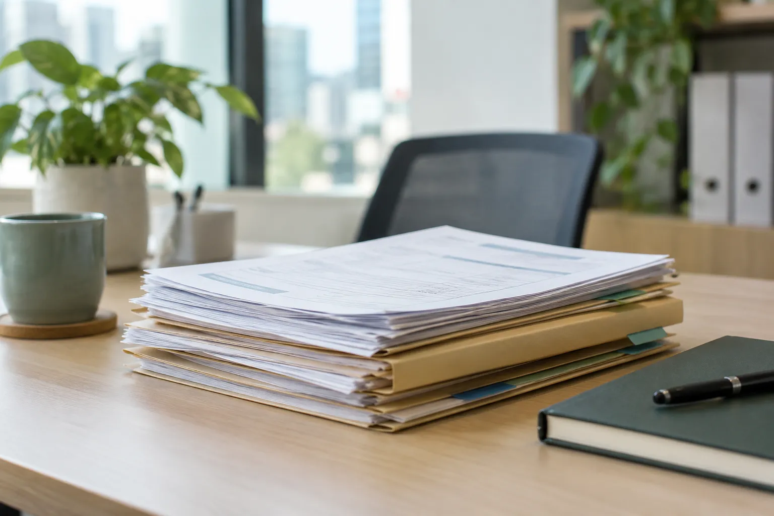 Paperwork and folders on an office desk