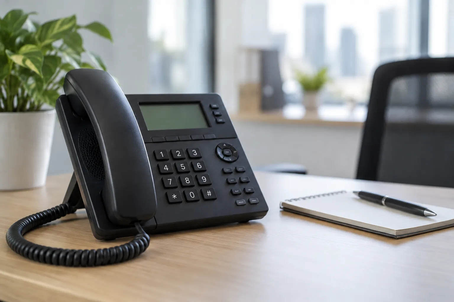 Office telephone beside a notepad