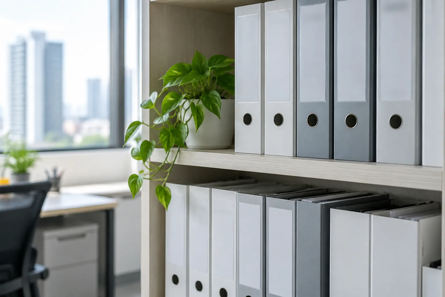 Organised reference folders on an office shelf