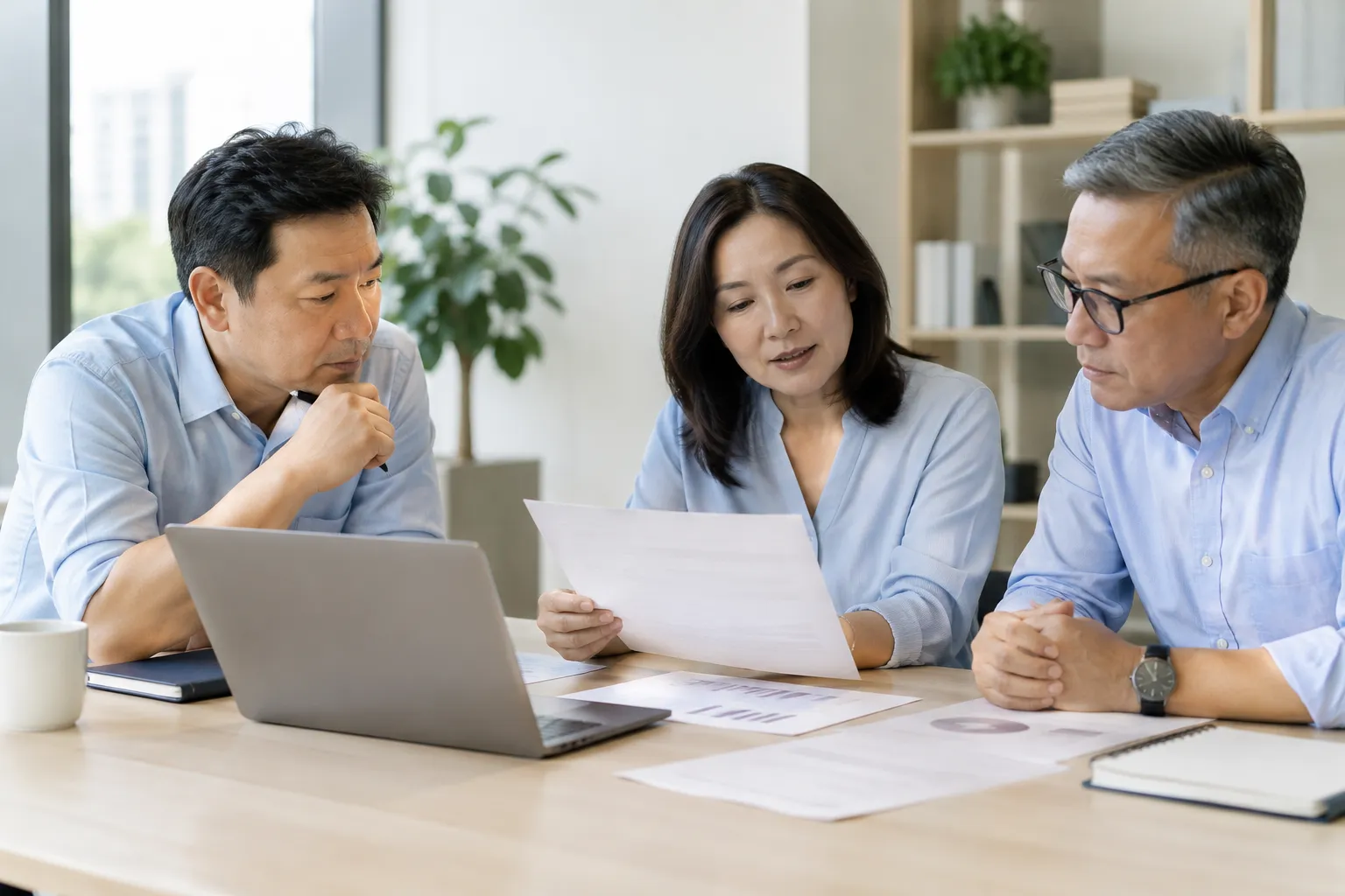 Illustrative business team discussing an operational report