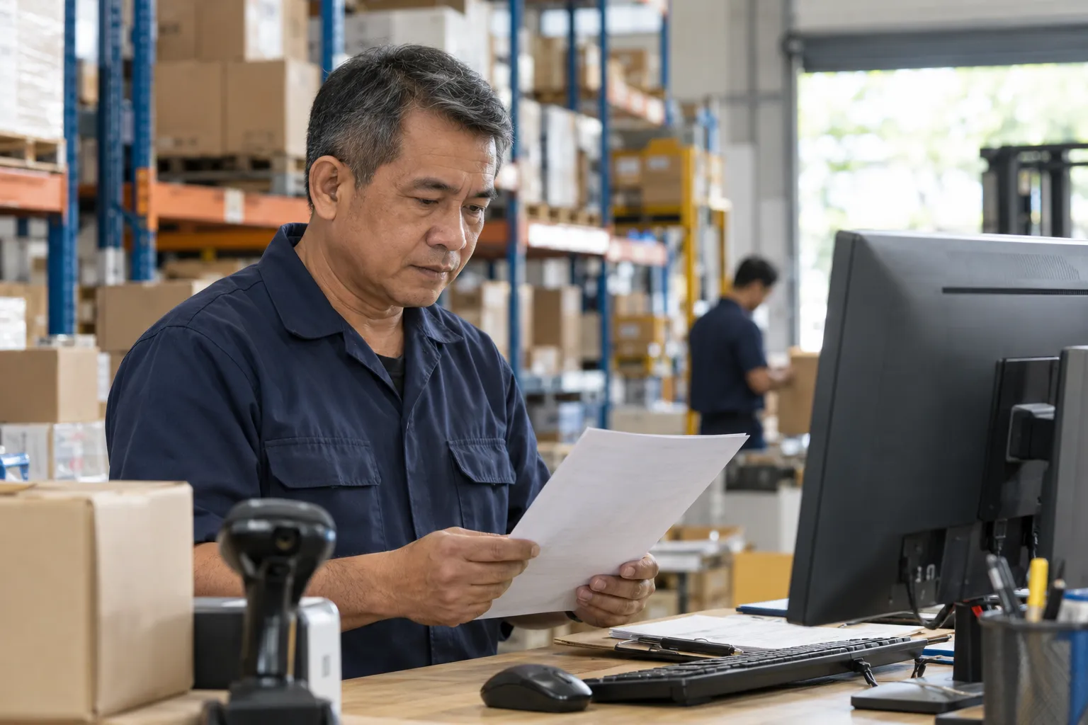 Illustrative dispatch workplace with a manager reviewing delivery paperwork